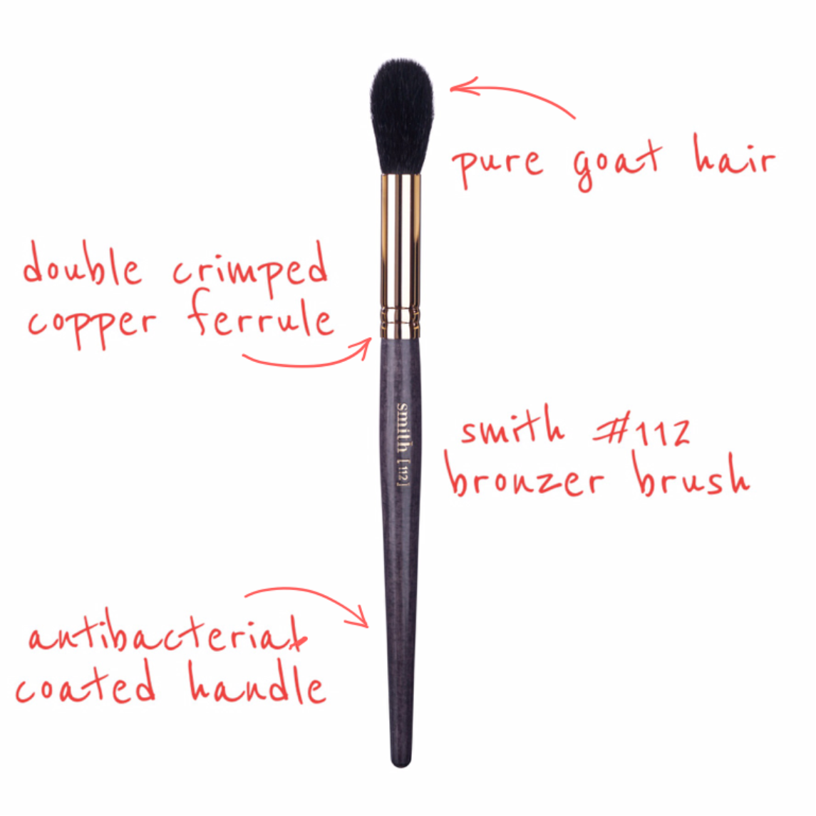 Front view of the Smith Cosmetics 112 Bronzer Brush with brush attributes