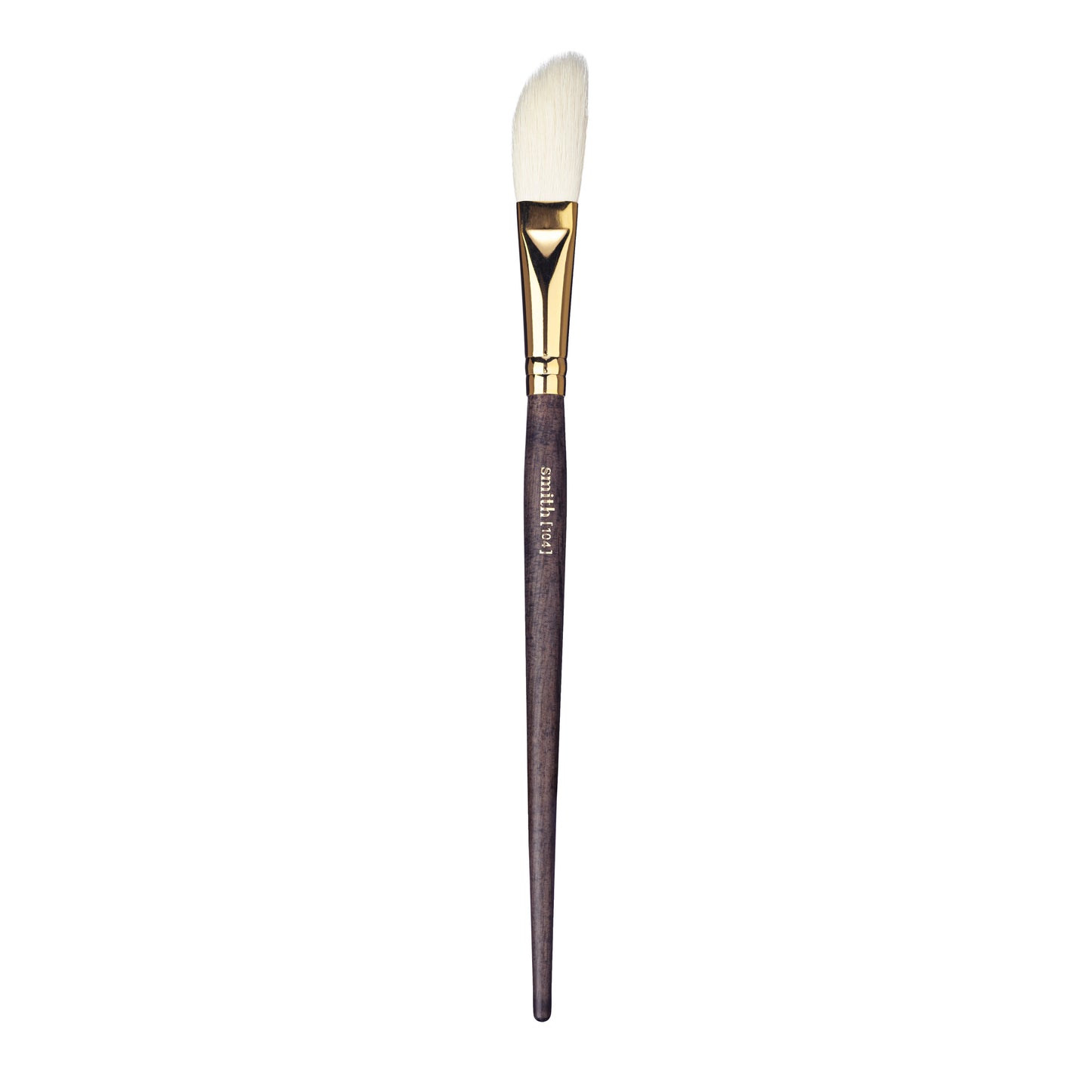 Front view of a fan makeup brush with a gold ferrule and dark wood handle, labeled with the brand name “Smith” and the brush number “104”