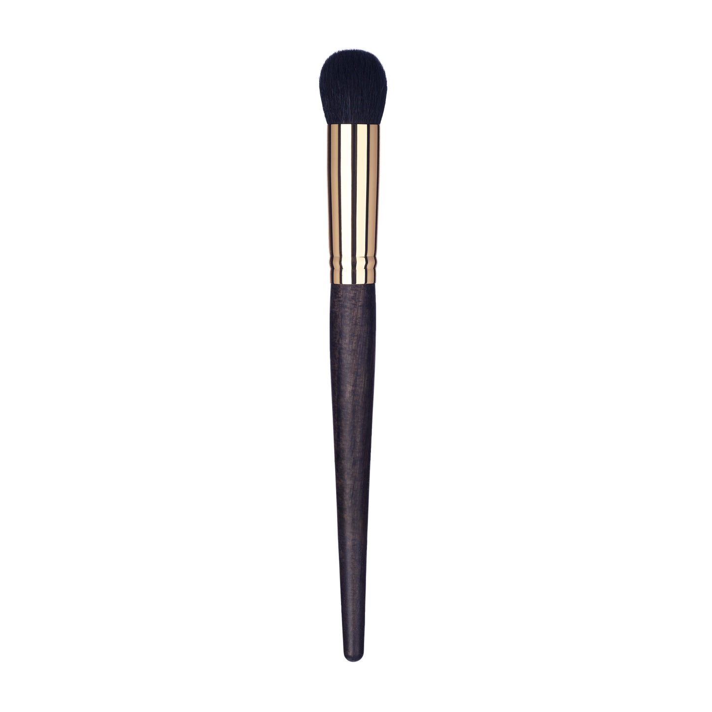 Sideview of a buffing foundation makeup brush with a gold ferrule and dark wood handle