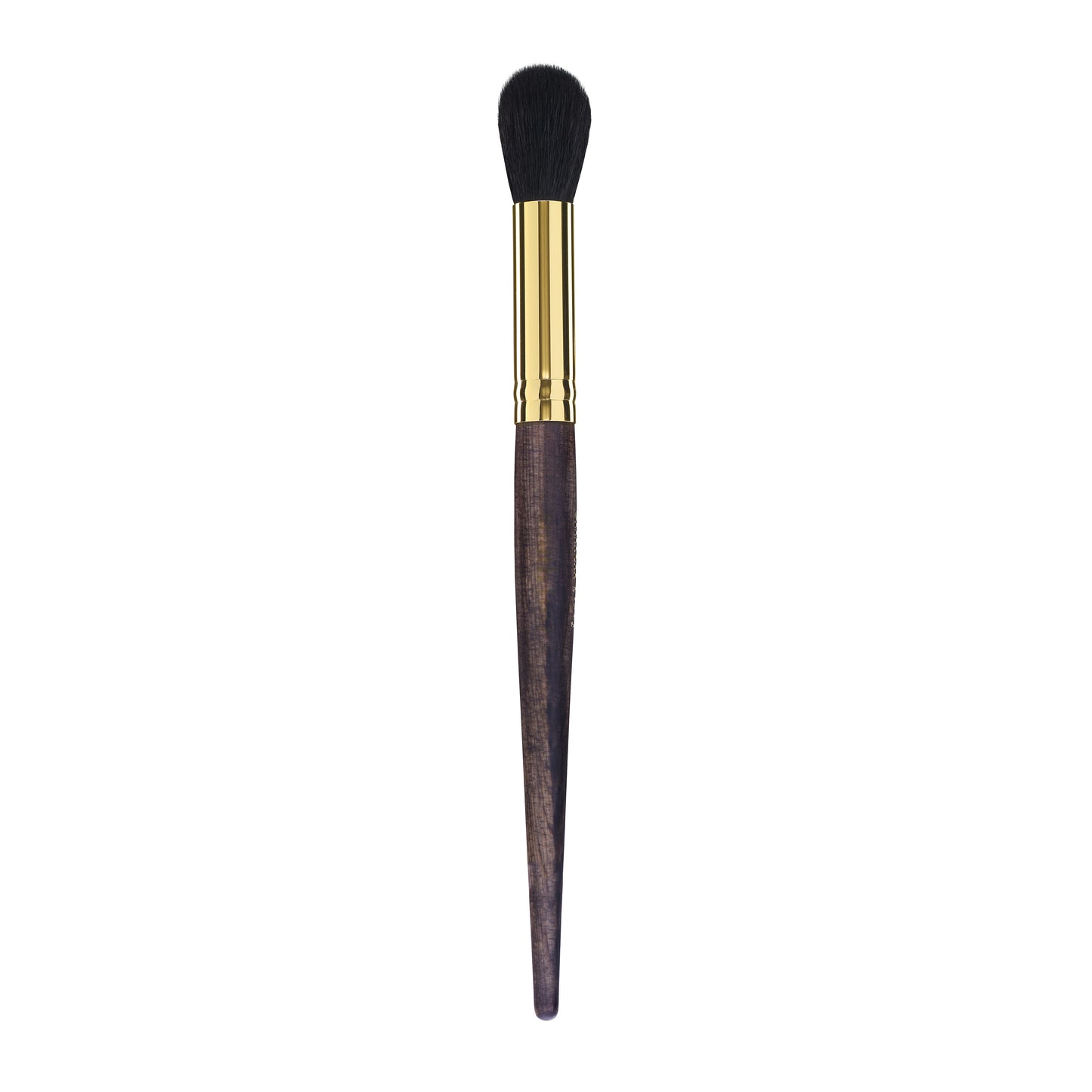 Sideview of a multitask buffing brush makeup brush with a gold ferrule and dark wood handle