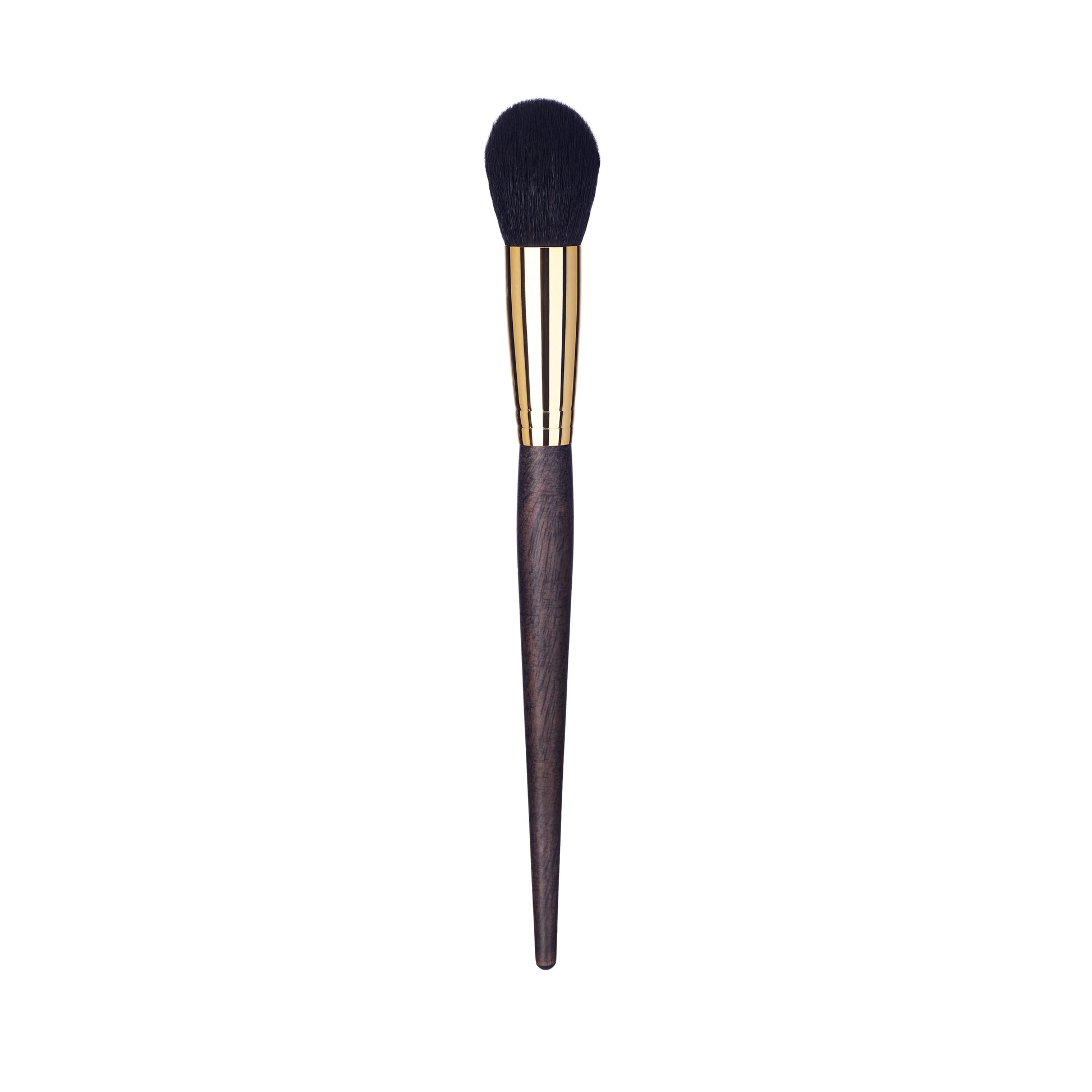 Sideview of buffing face and body brush with a gold ferrule and dark wood handle