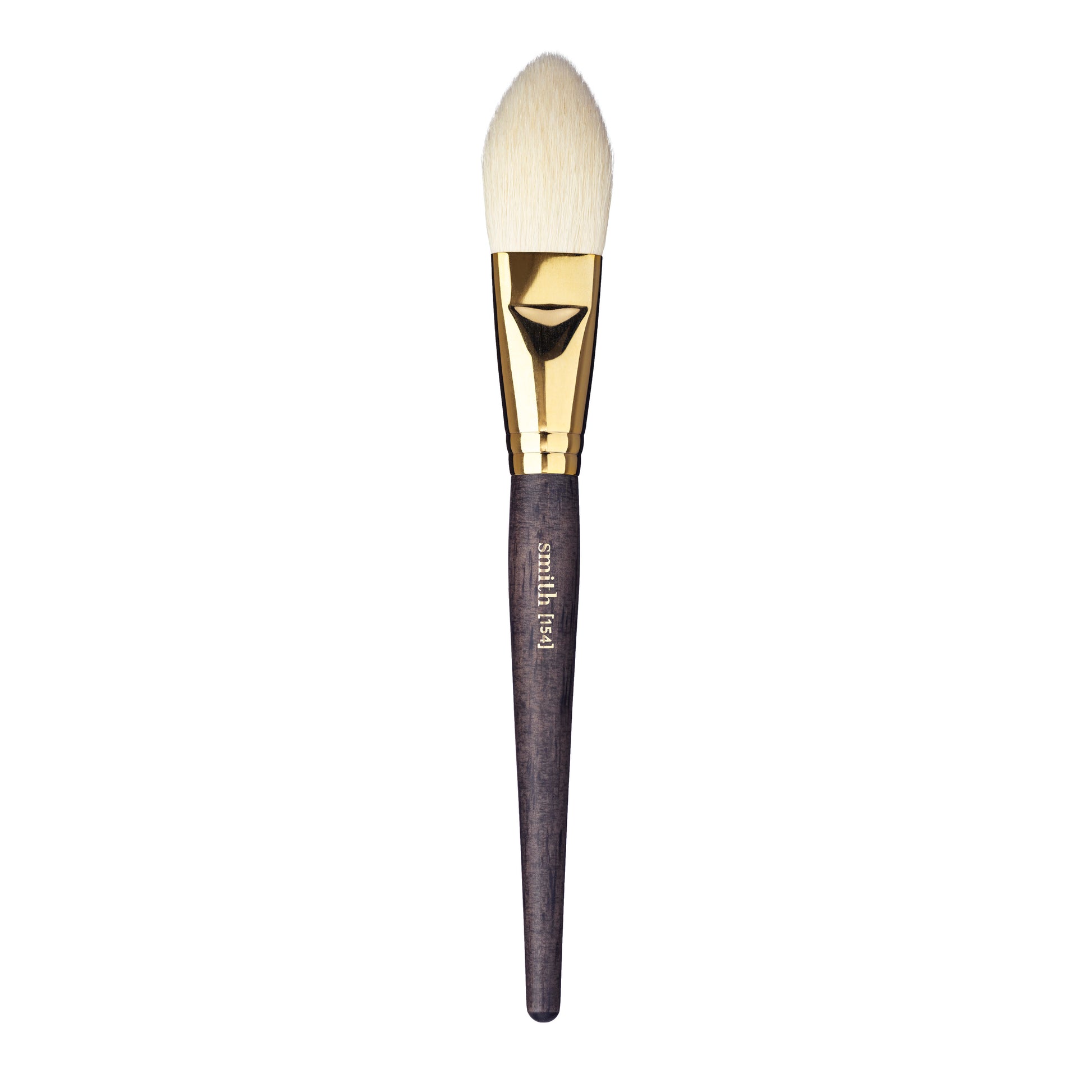 Front view of a quill face makeup brush with a gold ferrule and dark wood handle, labeled with the brand name “Smith” and the brush number “154”