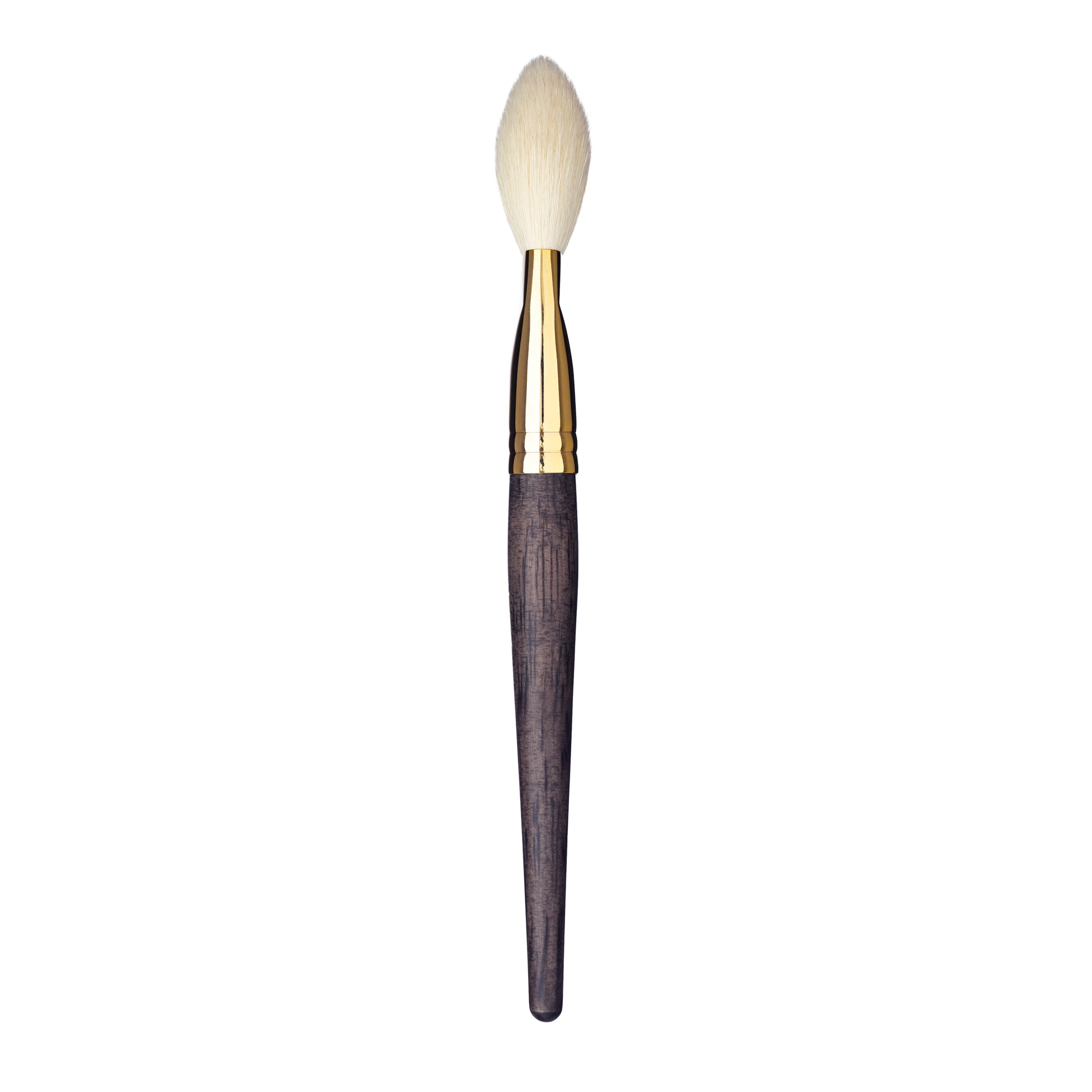Sideview of a quill face makeup brush with a gold ferrule and dark wood handle
