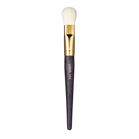 Front view of a wedge makeup brush with a gold ferrule and dark wood handle, labeled with the brand name “Smith” and the brush number “157”