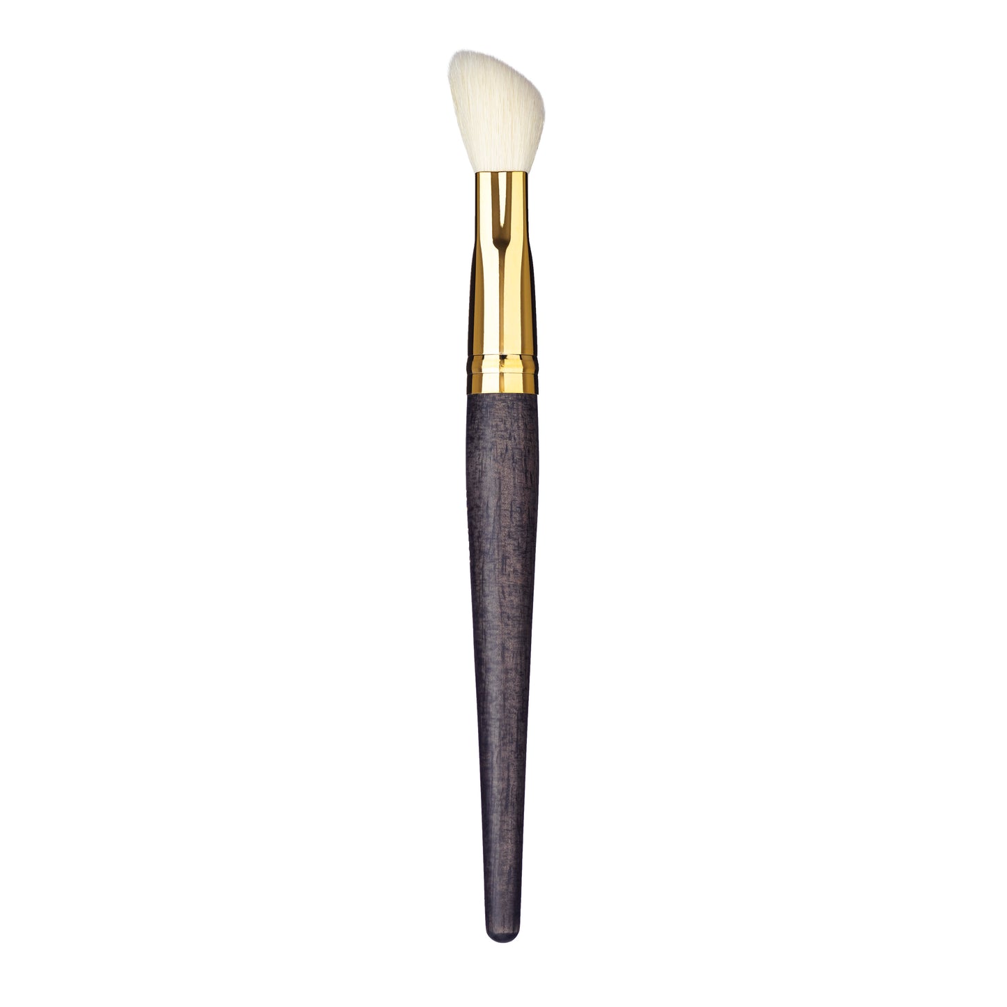 Sideview of the Smith Cosmetics wedge brush with a gold ferrule and dark wood handle