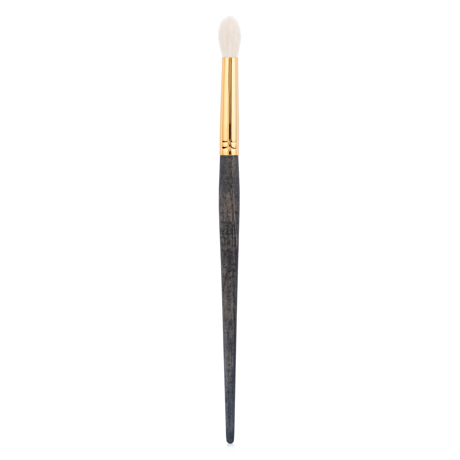 Side view of a large quill crease makeup brush with a gold ferrule and dark wood handle