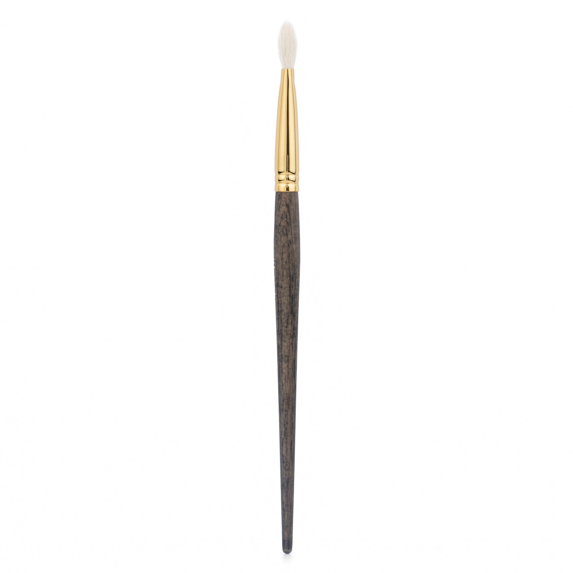 Side view of a flat quill crease makeup brush with a gold ferrule and dark wood handle