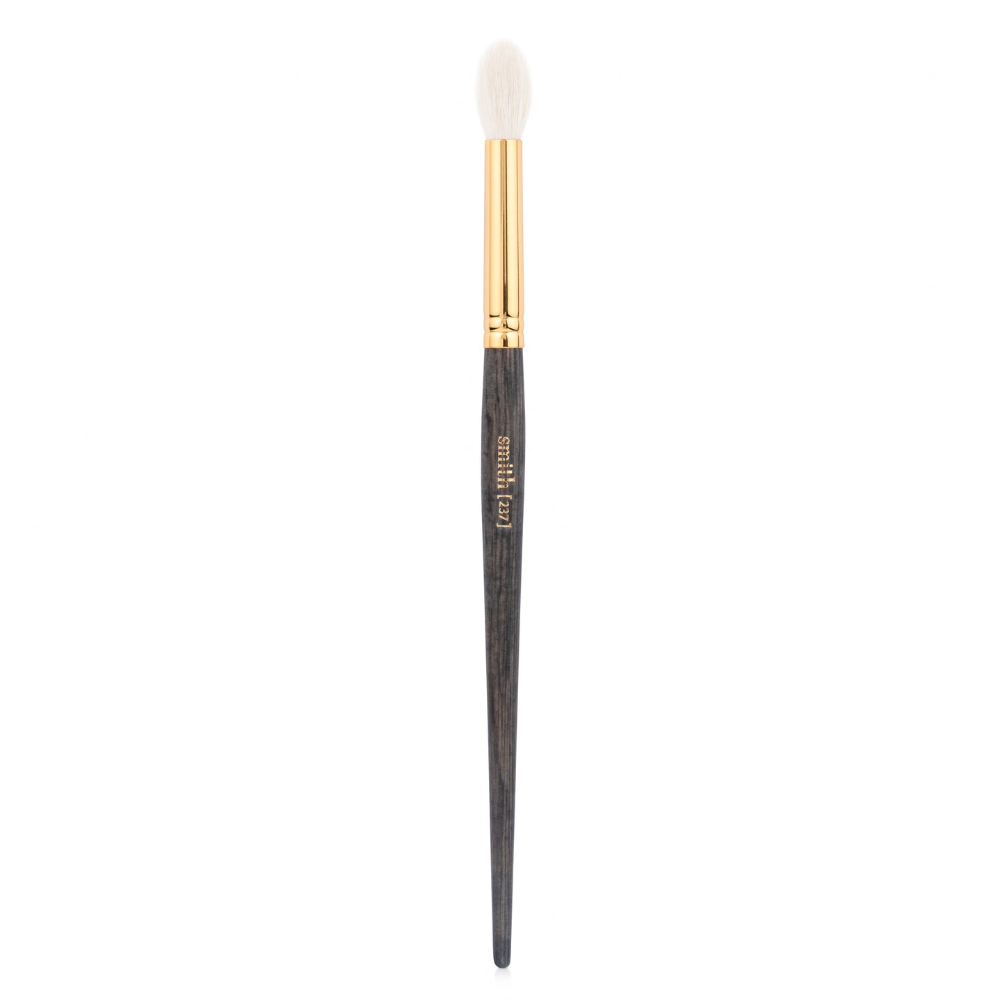 Front view of a extra large crease makeup brush brush with a gold ferrule and dark wood handle, labeled with the brand name “Smith” and the brush number “237”