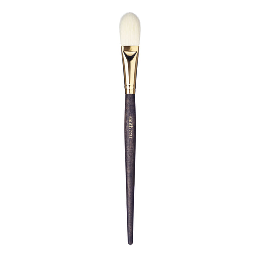Front view of the filbert face makeup brush with a gold ferrule and dark wood handle, labeled with the brand name “Smith” and the brush number “103”
