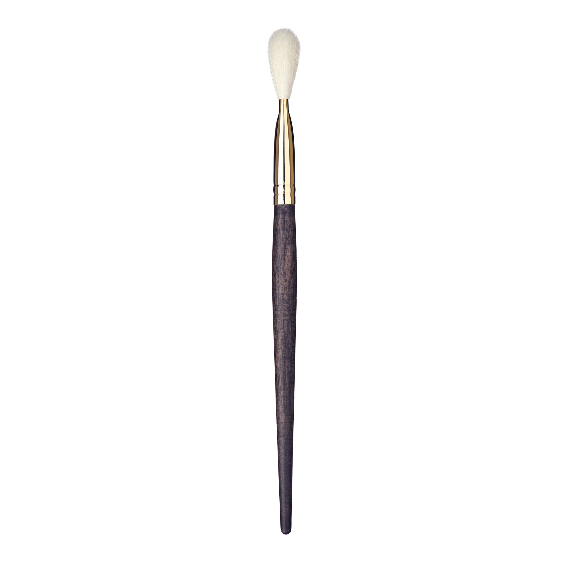 Sideview of filbert face makeup brush with a gold ferrule and dark wood handle
