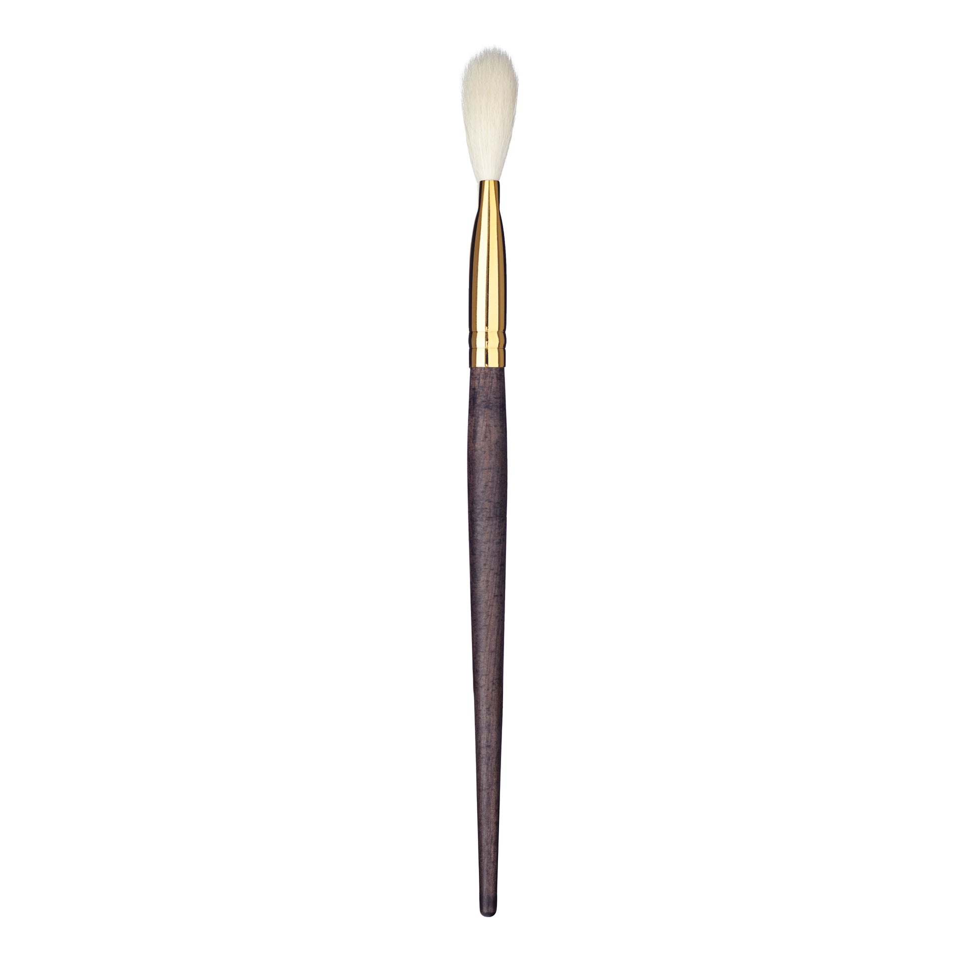 Sideview of a fan makeup brush with a gold ferrule and dark wood handle
