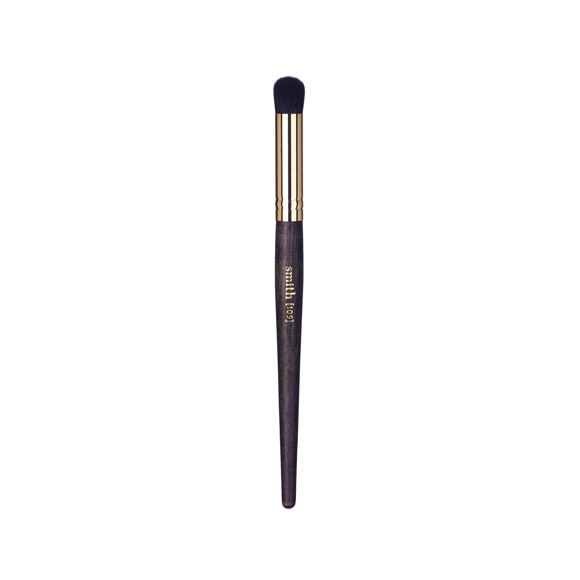 Front view of a buffing concealer makeup brush with a gold ferrule and dark wood handle, labeled with the brand name “Smith” and the brush number “109”