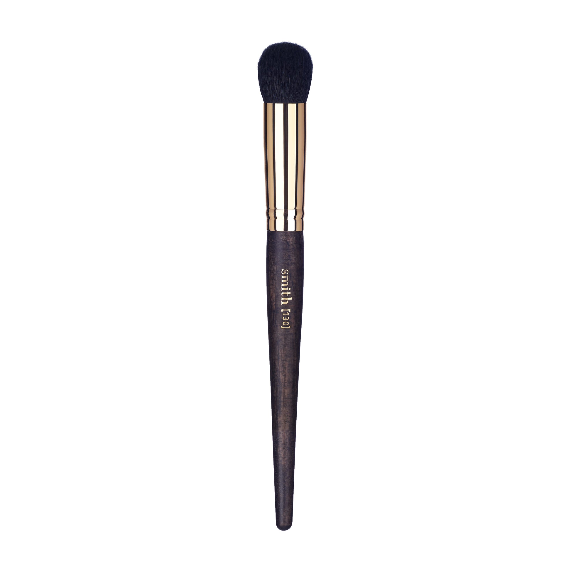 Front view of a buffing foundation makeup brush with a gold ferrule and dark wood handle, labeled with the brand name “Smith” and the brush number “130”