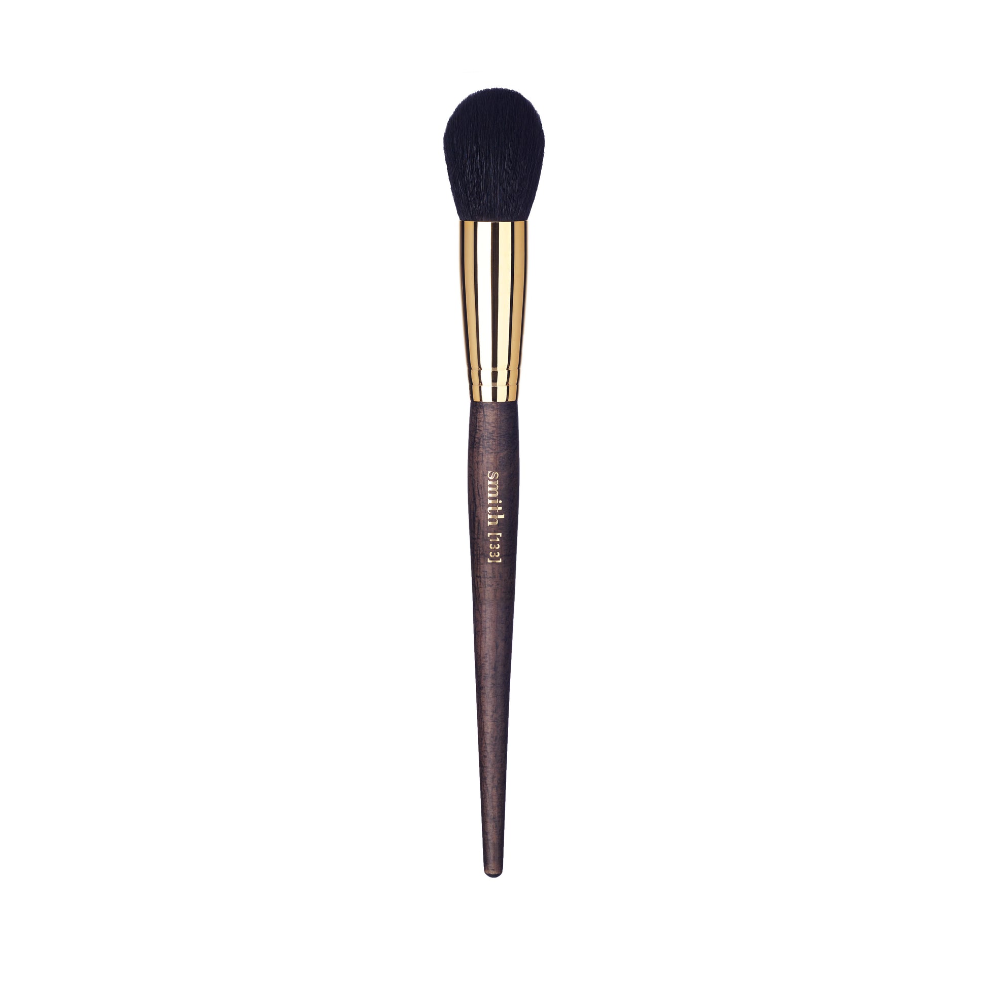 Front view of a buffing body and face makeup brush with a gold ferrule and dark wood handle, labeled with the brand name “Smith” and the brush number “133”
