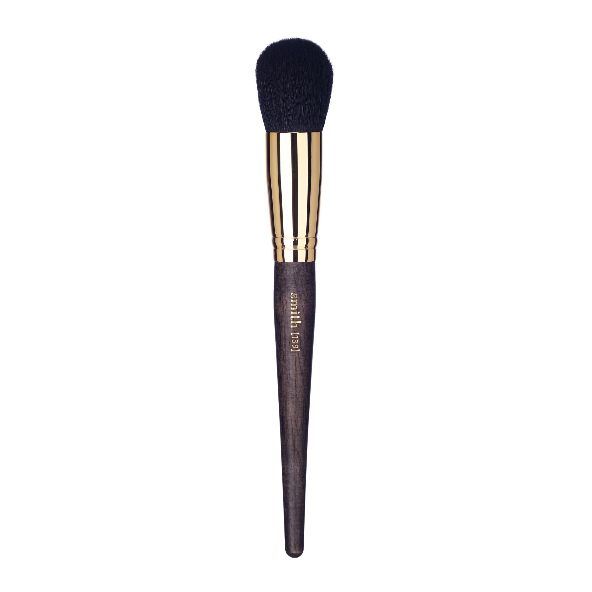 Front view of a buffing face and body makeup brush with a gold ferrule and dark wood handle, labeled with the brand name “Smith” and the brush number “139”