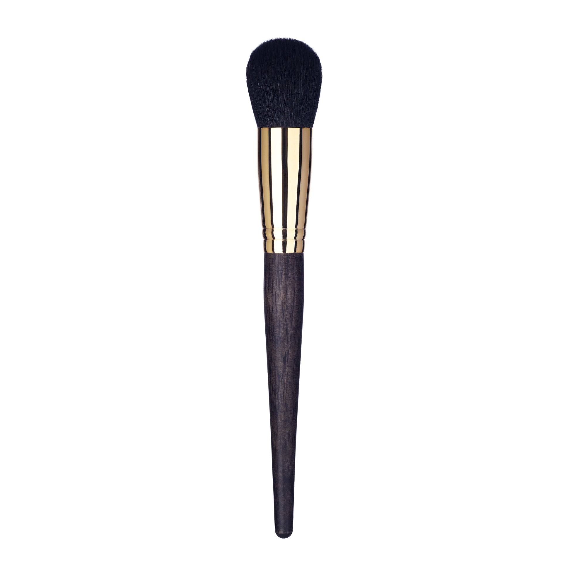 Side view of a buffing brush for body and face, with a gold ferrule and dark wood handle
