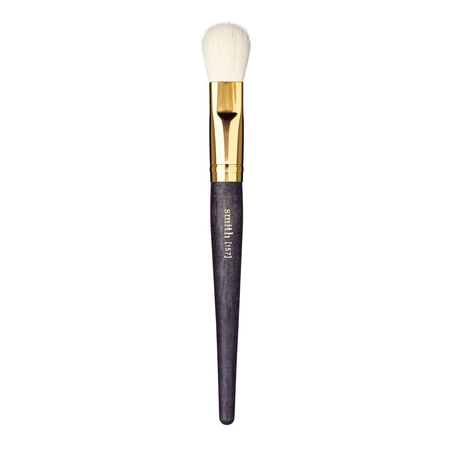Front view of a wedge makeup brush with a gold ferrule and dark wood handle, labeled with the brand name “Smith” and the brush number “157”