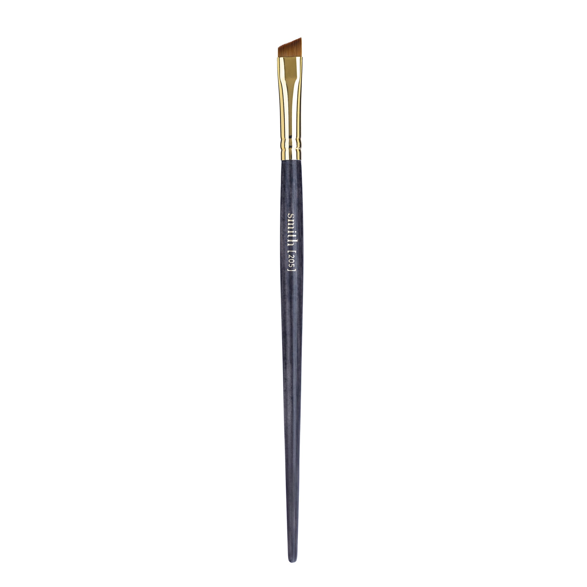 Front view of an angled liner makeup brush with a gold ferrule and dark wood handle, labeled with the brand name “Smith” and the brush number “205"
