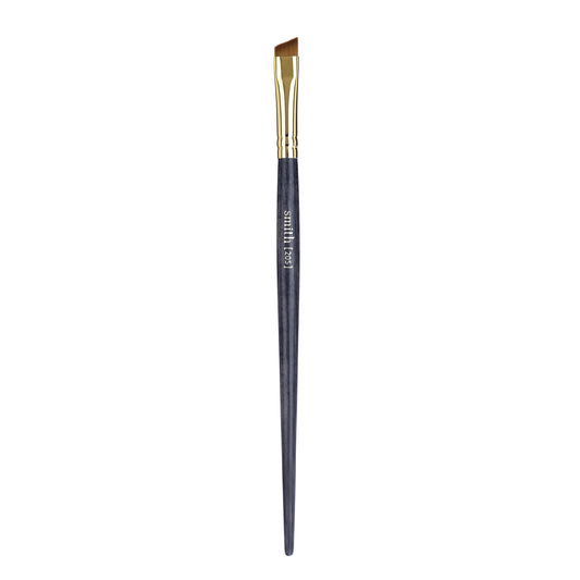 Front view of an angled liner makeup brush with a gold ferrule and dark wood handle, labeled with the brand name “Smith” and the brush number “205"
