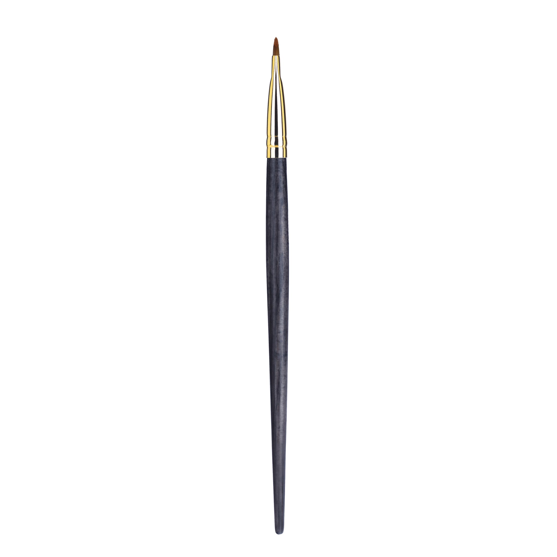 Sideview of angled liner brush with a gold ferrule and dark wood handle
