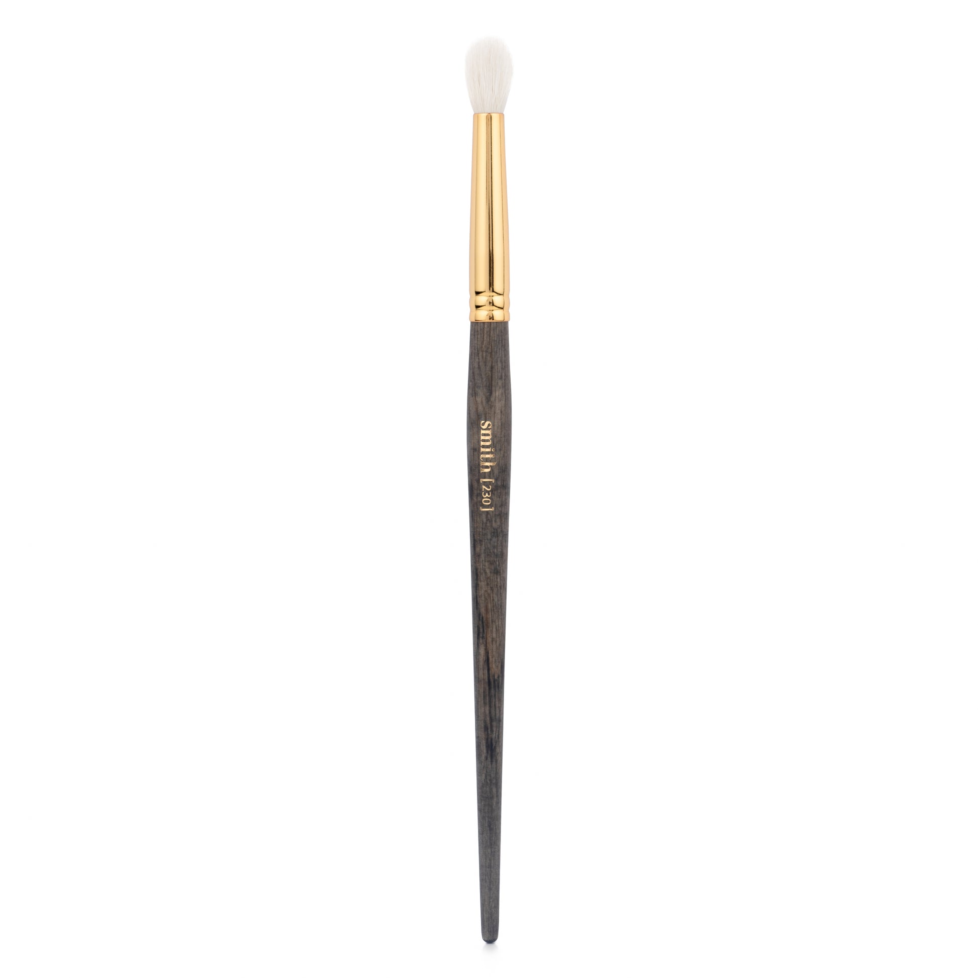 Front view of a small quill crease makeup brush with a gold ferrule and dark wood handle, labeled with the brand name “Smith” and the brush number “230"