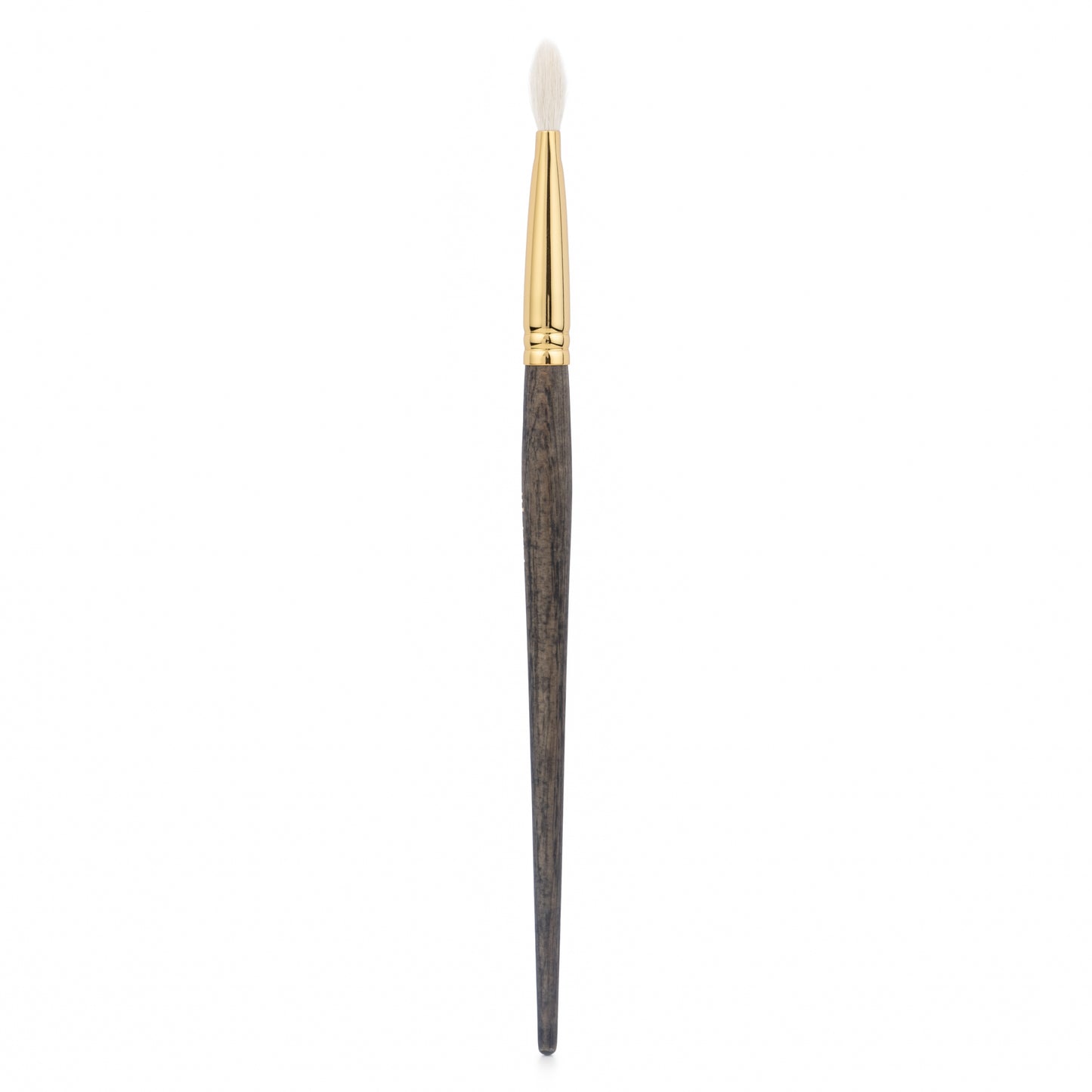 Side view of a flat quill crease makeup brush with a gold ferrule and dark wood handle