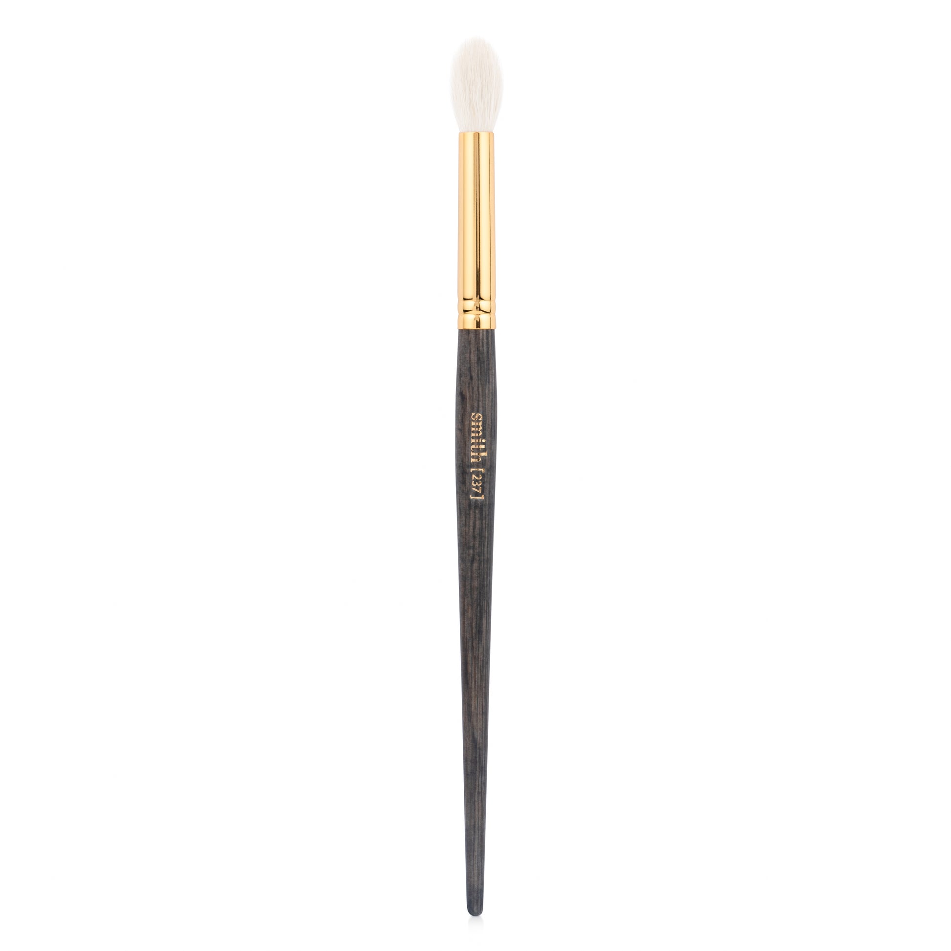 Front view of a extra large crease makeup brush brush with a gold ferrule and dark wood handle, labeled with the brand name “Smith” and the brush number “237”