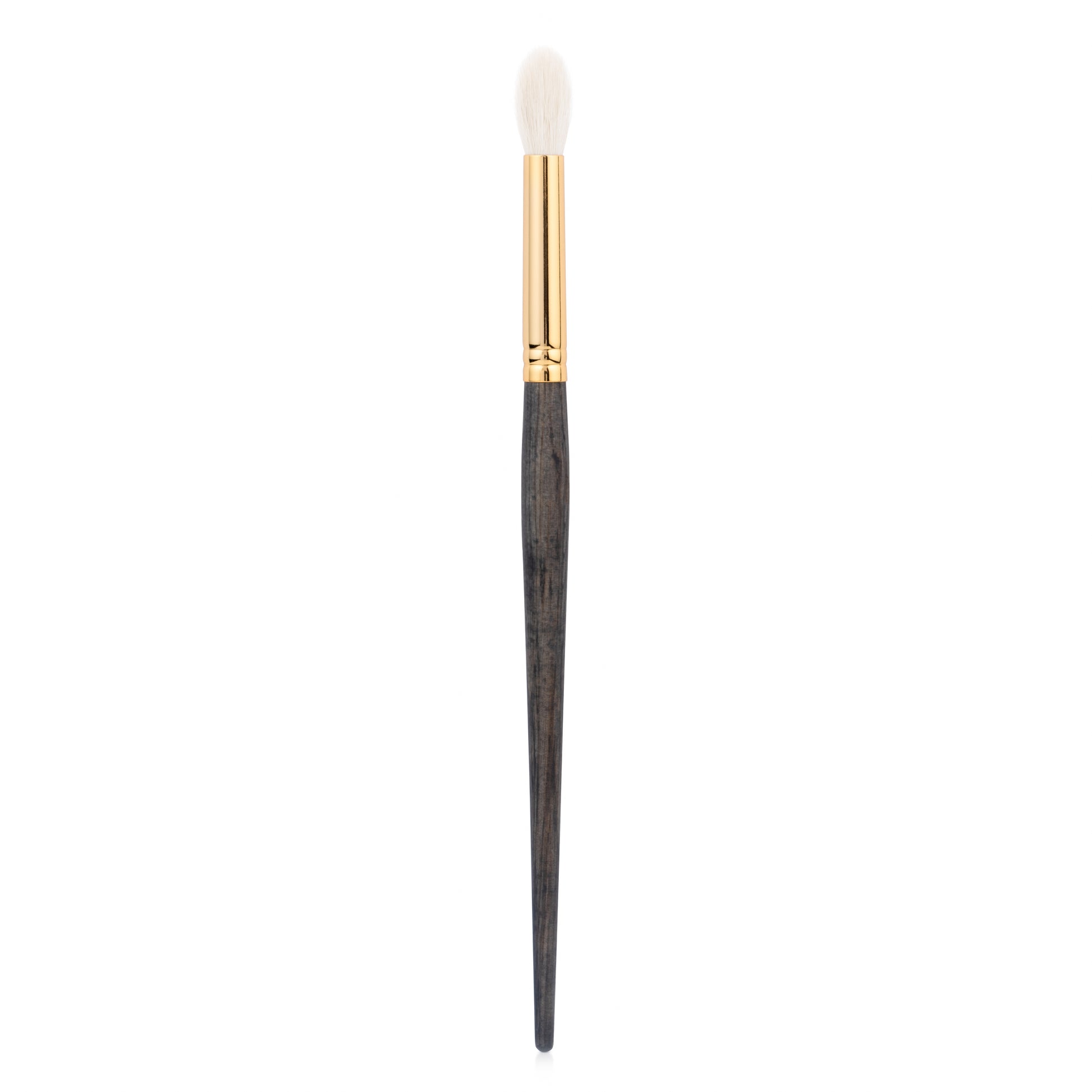 Side view of a extra large quill crease brush with a gold ferrule and dark wood handle