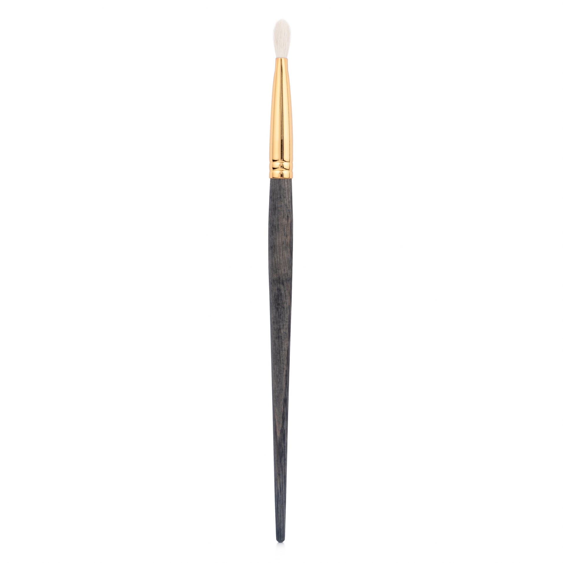 Side view of flat round crease brush with a gold ferrule and dark wood handle