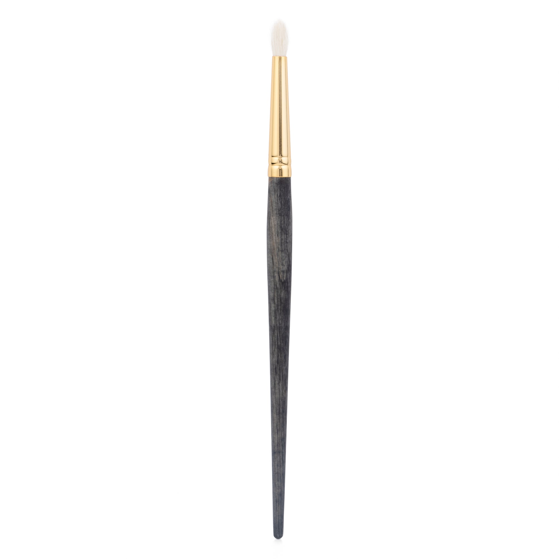 Side view of a extra small quill crease brush with a gold ferrule and dark wood handle